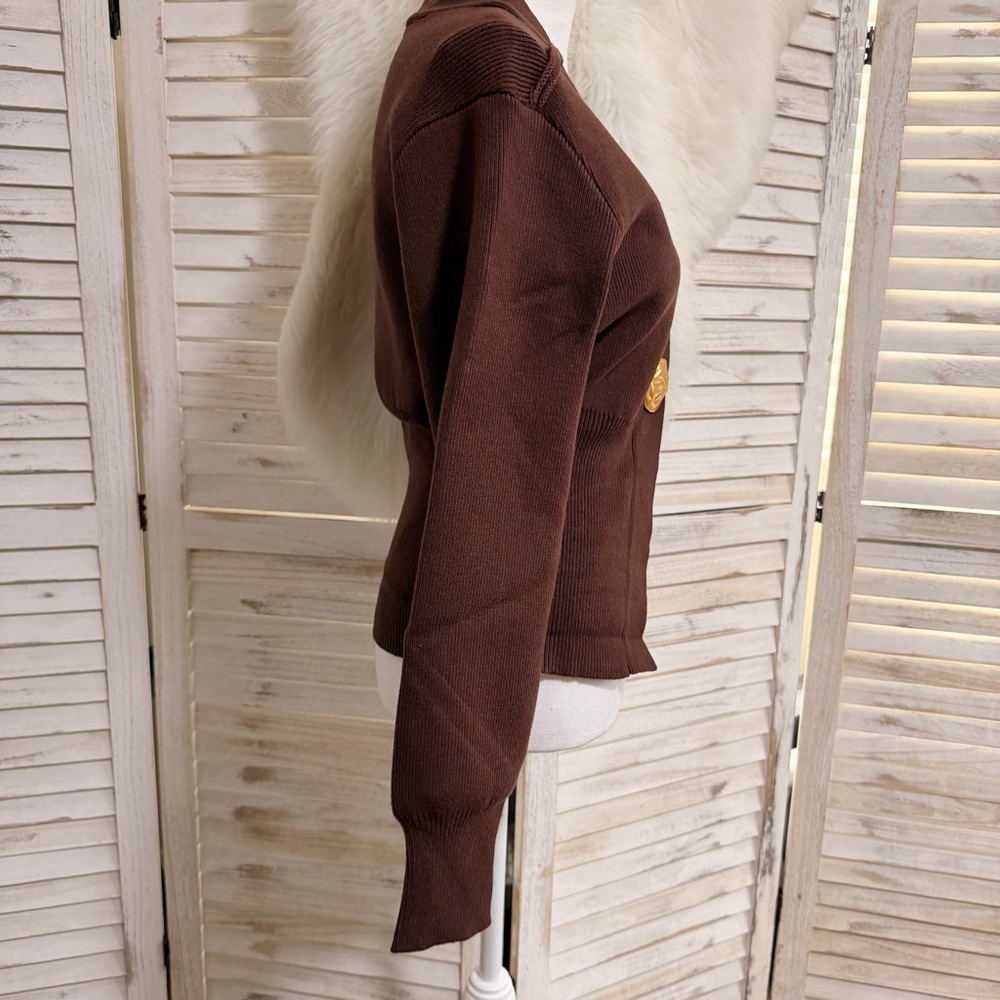 Women's Brown V-Neck Single-Button Knit Cardigan - Picture 3 of 10
